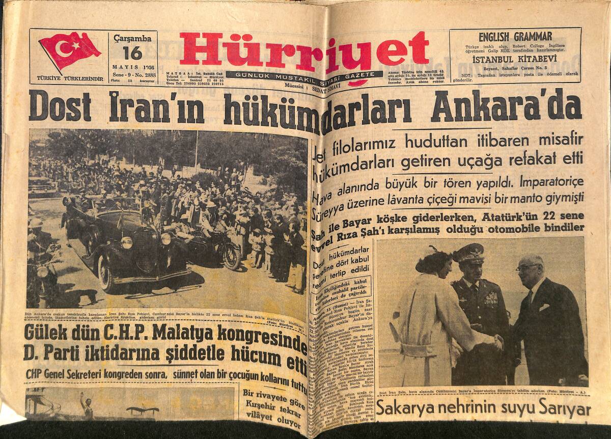 Hürriyet Gazetesi 16 Mayıs 1956 - Dost İran'ın Hükümdarları Ankara'da - İran Şahı, Hava Alanında Bayar'a İmparatoriçe Süreyya'yı Takdim Ederken GZ146578 - 1