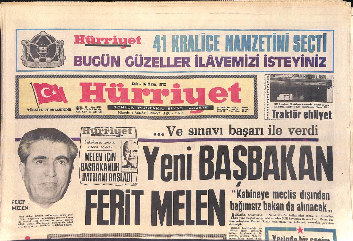Hürriyet Gazetesi 16 Mayıs 1972 - Yeni Başbakan Ferit Melen - Ecevit Genel Başkan Koltuğunda Şeker Dağıttı GZ156929 - 1