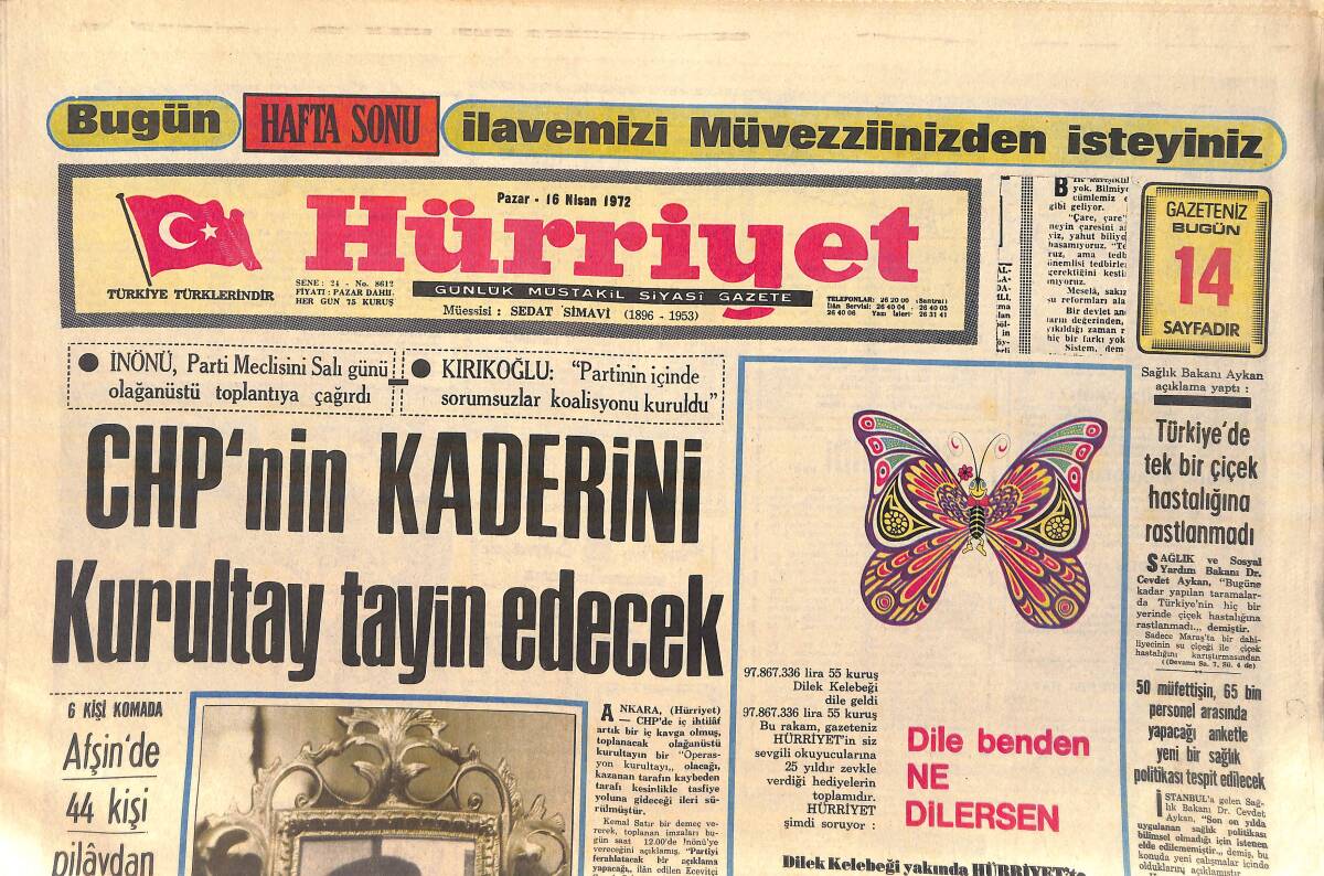 Hürriyet Gazetesi 16 Nisan 1972 - CHP'nin Kaderini Kurultay Tayin Edecek - Zeki Müren : Anet Bir Anda Hayatımı Büyüledi GZ156670 - 1