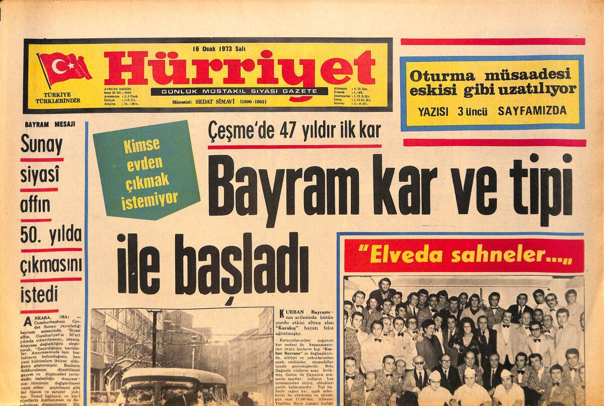 Hürriyet Gazetesi 16 Ocak 1973 - Çeşme'de 47 Yıldır İlk Kar - Müzeyyen Senar, 40 Yıllık Sahne Hayatını Bıraktı GZ158150 - 1