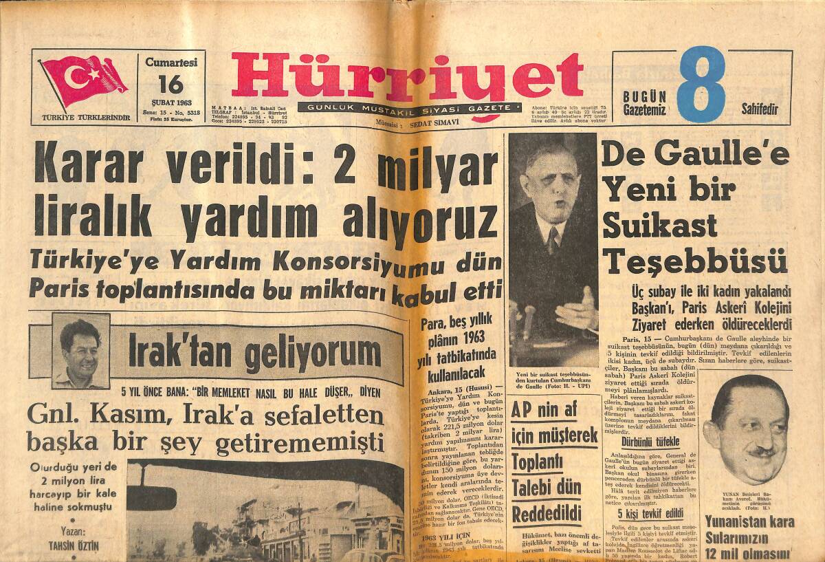 Hürriyet Gazetesi 16 Şubat 1963 - De Gaulle'e Yeni Bir Suikast Teşebbüsü - Danıştay, Sıddık Sami Onar'ı Mahkum Etti GZ142581 - 1