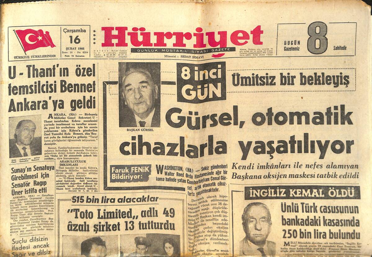 Hürriyet Gazetesi 16 Şubat 1966 - Gürsel, Otomatik Cihazlarla Yaşatılıyor - Bayan Kennedy Nişanlanıyor Mu? GZ142233 - 1