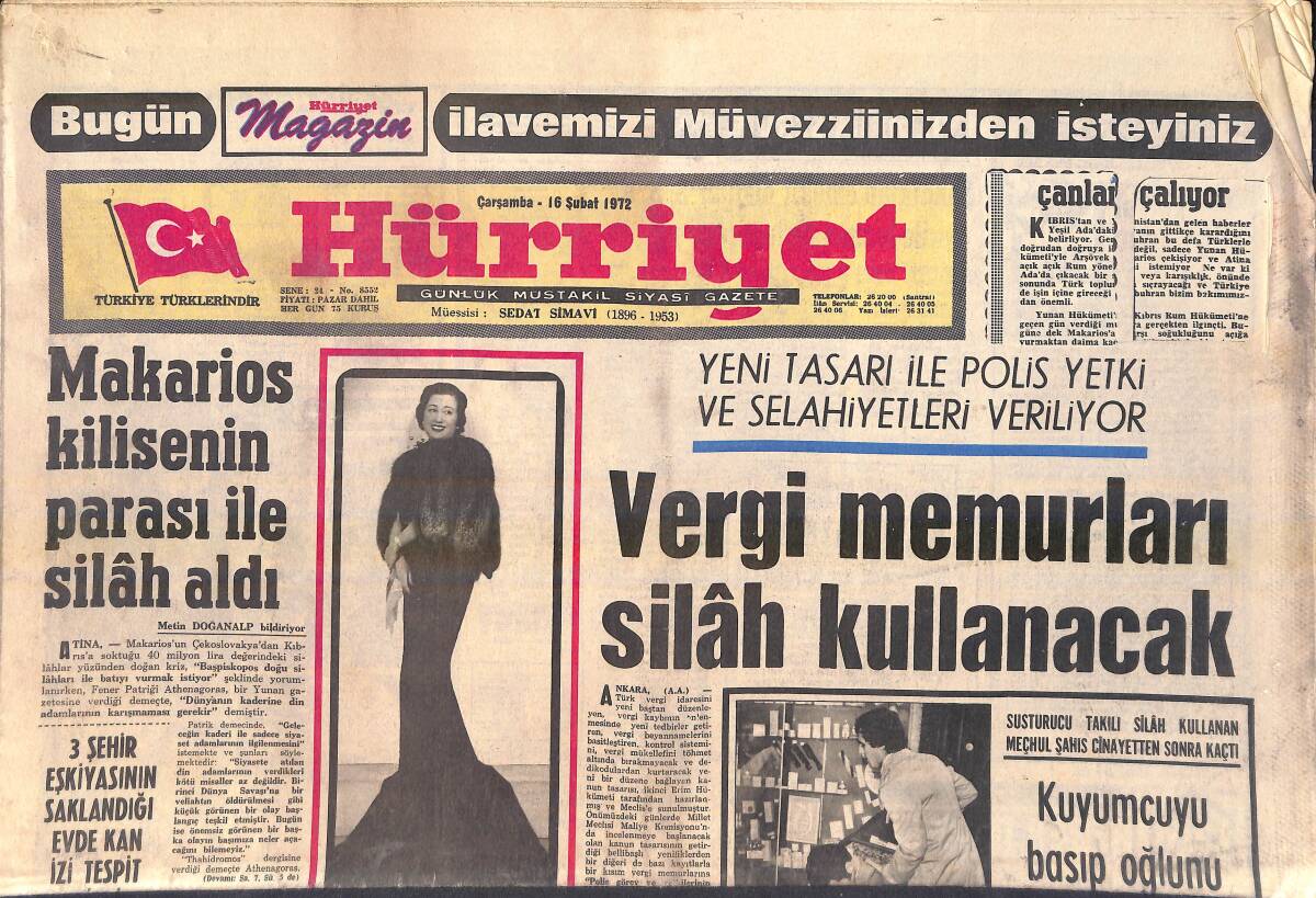 Hürriyet Gazetesi 16 Şubat 1972 - Makarios Kilisenin Parası İle Silah Aldı - Türkiye'nin İlk Foto Model Okulu Ankara'da Açıldı GZ156912 - 1