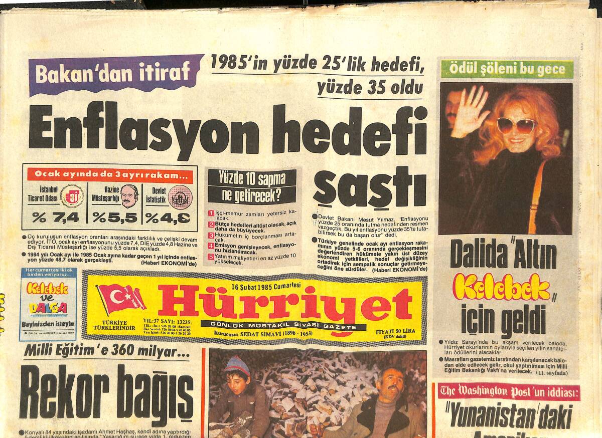 Hürriyet Gazetesi 16 Şubat 1985 - Dalida Altın Kelebek İçin Geldi - Hülya Avşar 