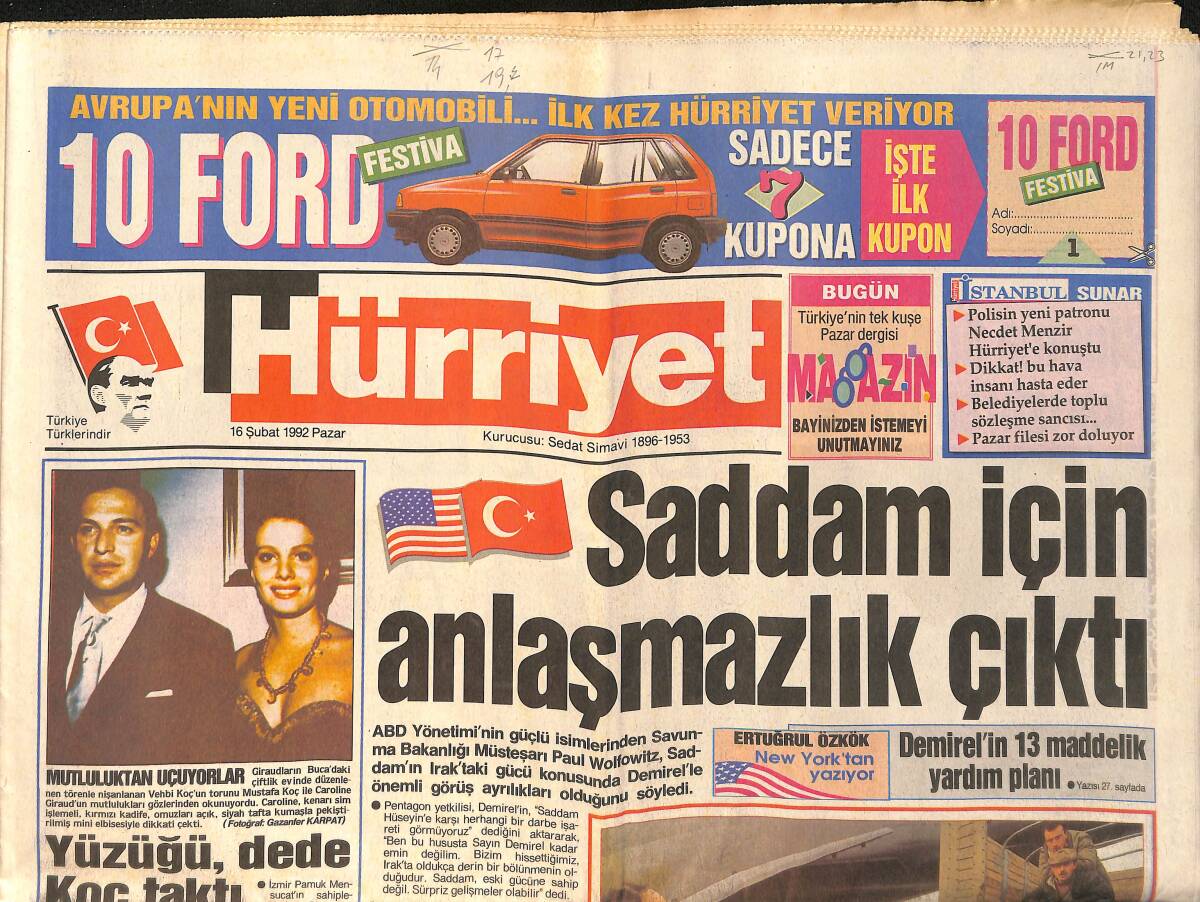 Hürriyet Gazetesi 16 Şubat 1992 - Saddam İçin Anlaşmazlık Çıktı - Demirel'in 13 Maddelik yardım Planı - Karısının Acısına Öldürerek Son Verdi GZ154376 - 1