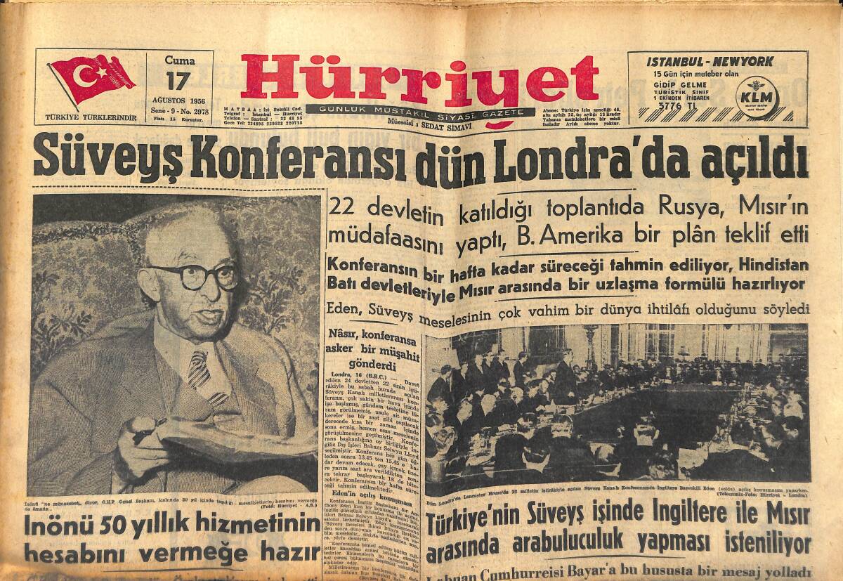 Hürriyet Gazetesi 17 Ağustos 1956 - Süveyş Konferası Dün Londra'da Açıldı - Galatasaray Pazara Bursa'da Oynayacak GZ146913 - 1