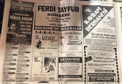 Hürriyet Gazetesi 17 Ağustos 1991 - Caddebostan Maksim - Hülya Avşar, Vedat Çetinkaya Afişi - Ferdi Tayfur Konseri GZ79672 - 2