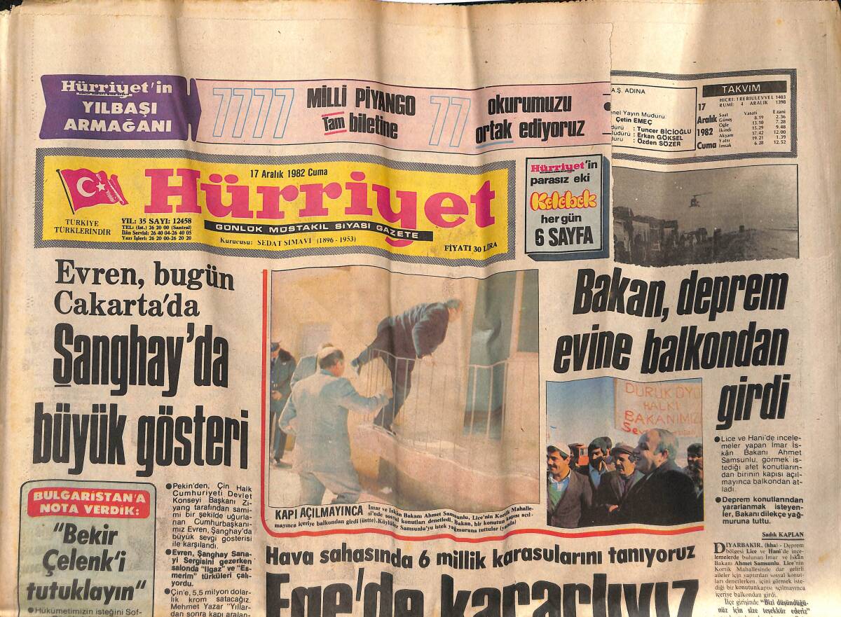 Hürriyet Gazetesi 17 Aralık 1982 - Abdi İpekçi'nin Ablası Ve Eniştesi Kazada Öldü - Walesa Tutuklandı GZ134419 - 1