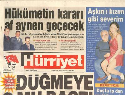 Hürriyet Gazetesi 17 Aralık 2000 - Aşkın Nur Yengi, Ali Müfit Gürtuna ve Michael Douglas Olayı, Kemal Tahiri Kim Öldürdü, Terimin 10 Şartı GZ126481 - 1