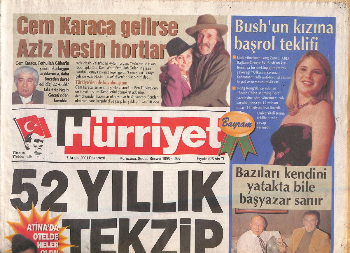Hürriyet Gazetesi 17 Aralık 2001 - Cem Karaca Gelirse Aziz Nesin Hortlar - Çiller'den Demirel'e Sessiz Darbe GZ132980 - 1