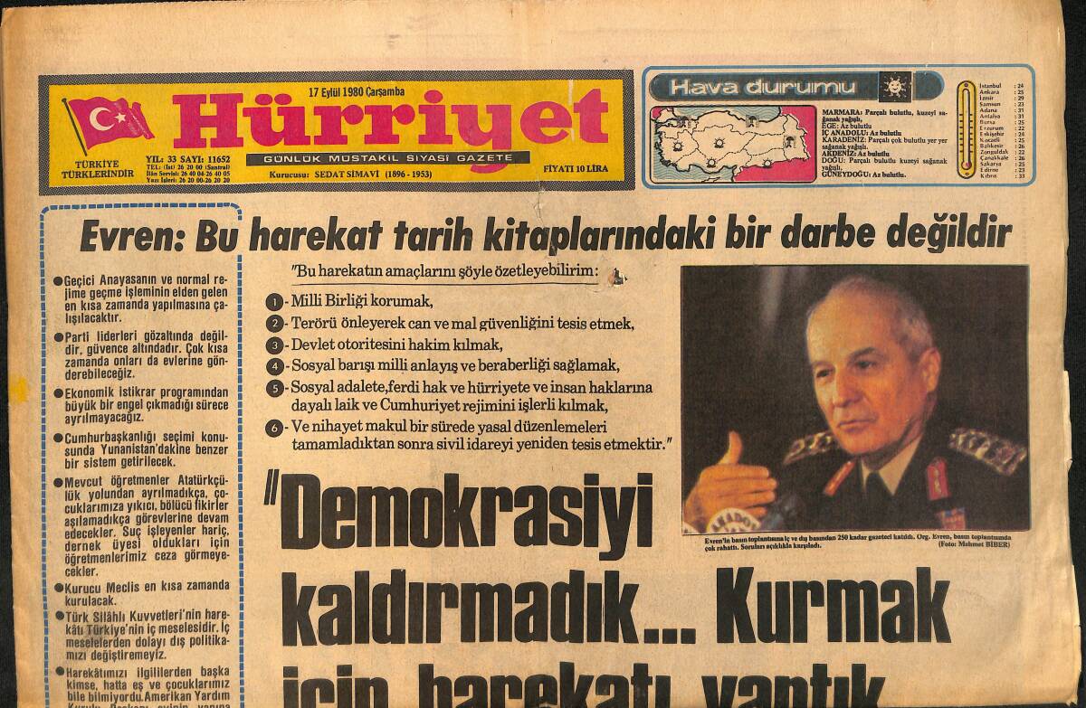 Hürriyet Gazetesi 17 Eylül 1980 - Ali Dinçer'de Görevden Alındı - Evren , Dünyada Günün Adamı GZ157779 - 1