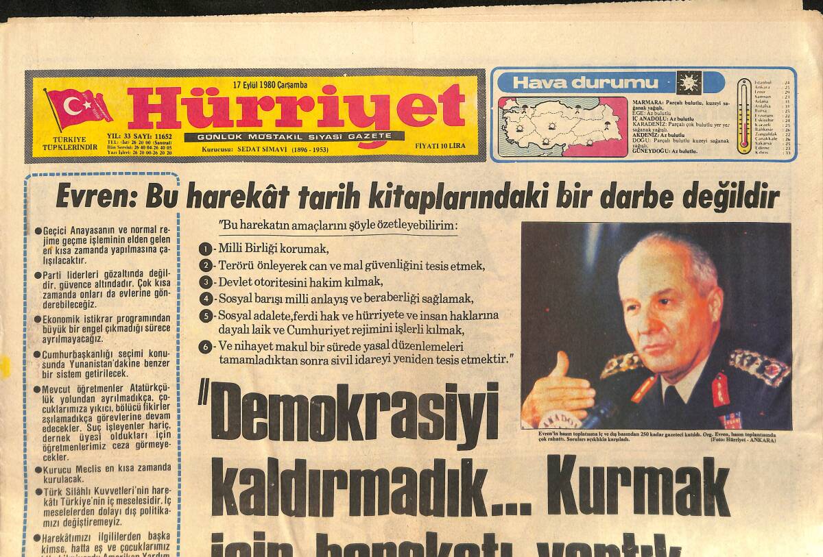 Hürriyet Gazetesi 17 Eylül 1980 - Kenan Evren: Bu Harekat Tarih Kitaplarındaki Bir Darbe Değildir - Kanser William Holden'i Yakaladı GZ153506 - 1