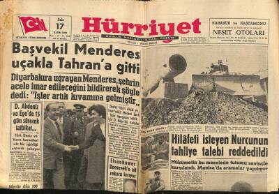 Hürriyet Gazetesi 17 Kasım 1959 - Başvekil Menderes Uçakla Tahrana Gitti GZ68856 - 2