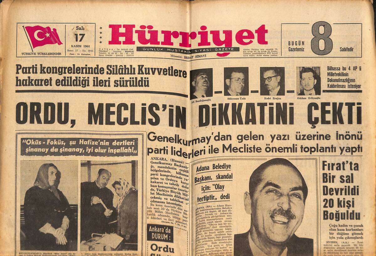 Hürriyet Gazetesi 17 Kasım 1964 - Papandreu'nun Oğlu Kabineden İstifa Etti - Ordu , Meclis'in Dikkatini Çekti GZ146976 - 1