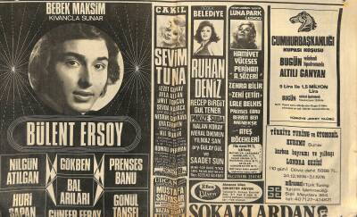 Hürriyet Gazetesi 17 Kasım 1974 - Bülent Ersoy, Sevim Tuna, Ruhan Deniz, Müşerref Tezcan Gazino Afişi, Hülya Koçyiğit Sokaklardan Bir Kız GZ122546 - 1