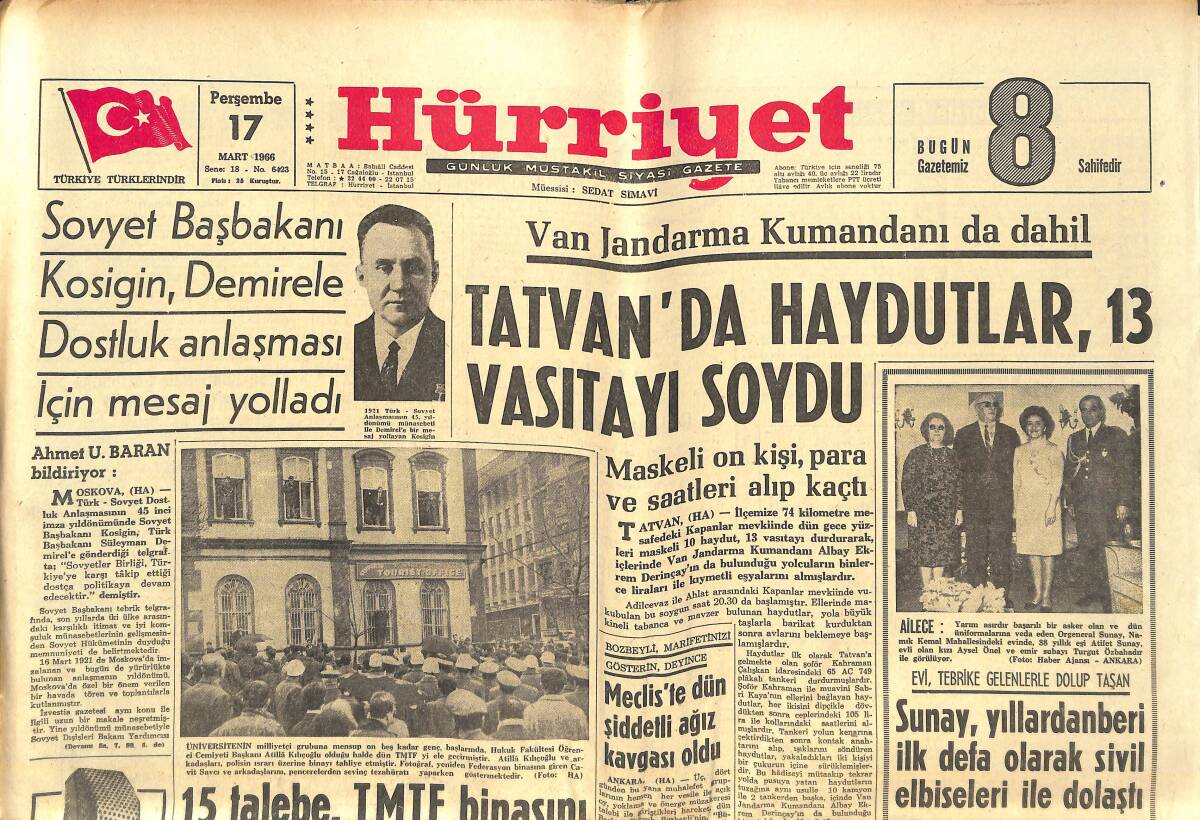 Hürriyet Gazetesi 17 Mart 1966 - Tatvan'da Haydutlar , 13 Vasıtayı Soydu - NATO , Kıbrıs İçin Değişik Bir Plân Teklif Etti GZ142048 - 1