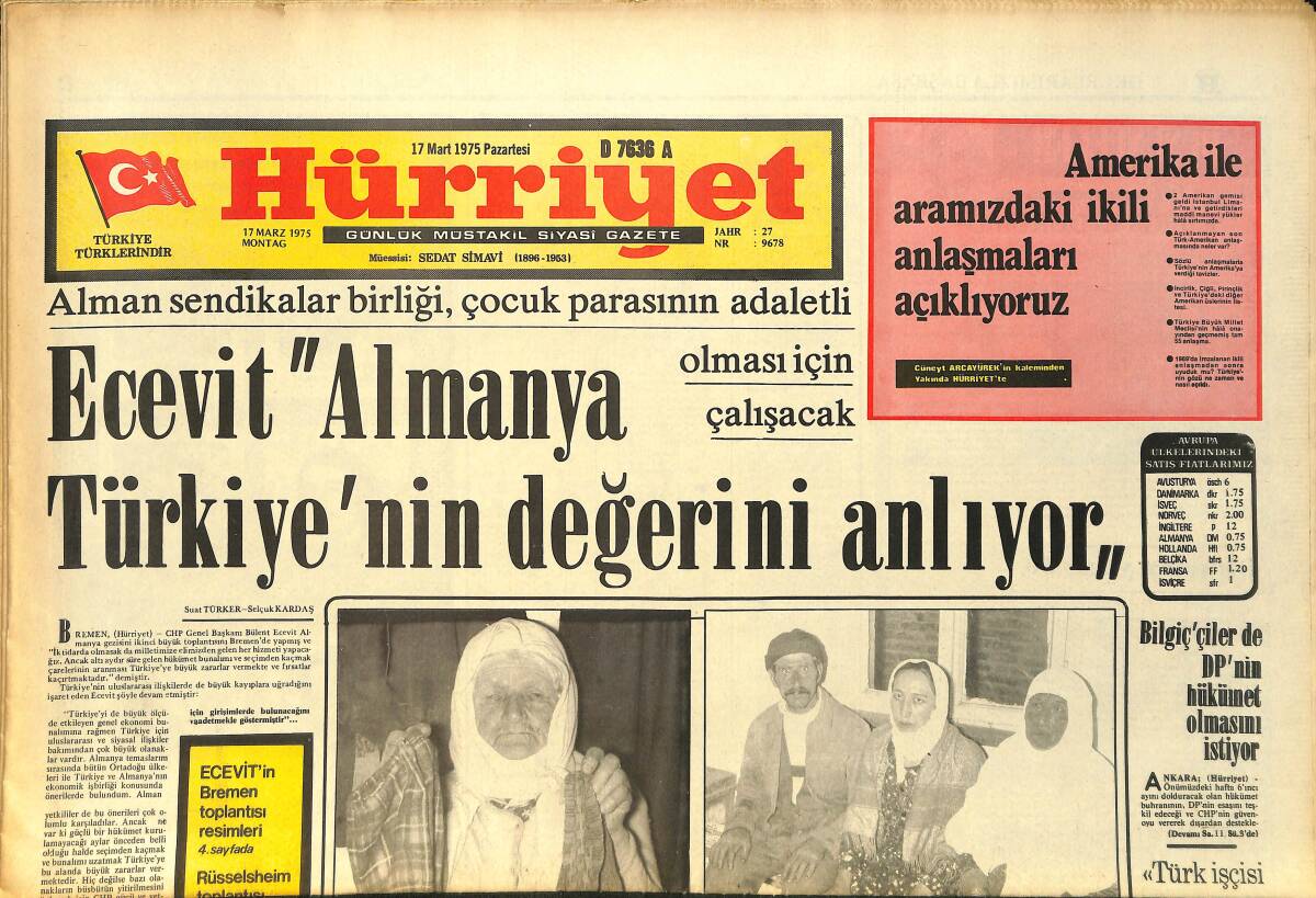 Hürriyet Gazetesi 17 Mart 1975 - Ecevit: Almanya Türkiye'nin Değerini Anlıyor - Ecevit'in Bremen Toplantısı GZ157540 - 1
