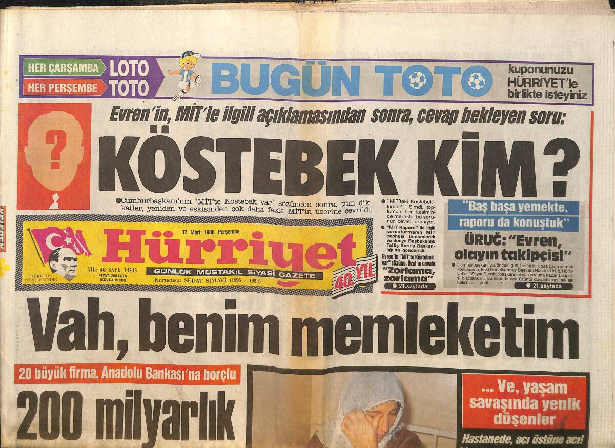 Hürriyet Gazetesi 17 Mart 1988 - 20 Büyük Firma , Anadolu Bankası'na Borçlu GZ157852 - 1