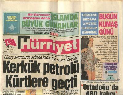 Hürriyet Gazetesi 17 Mart 1991 - Bülent Ersoy Adli Tıpta - Kerkük Petrolü Kürtlere Geçti GZ120871 - 1