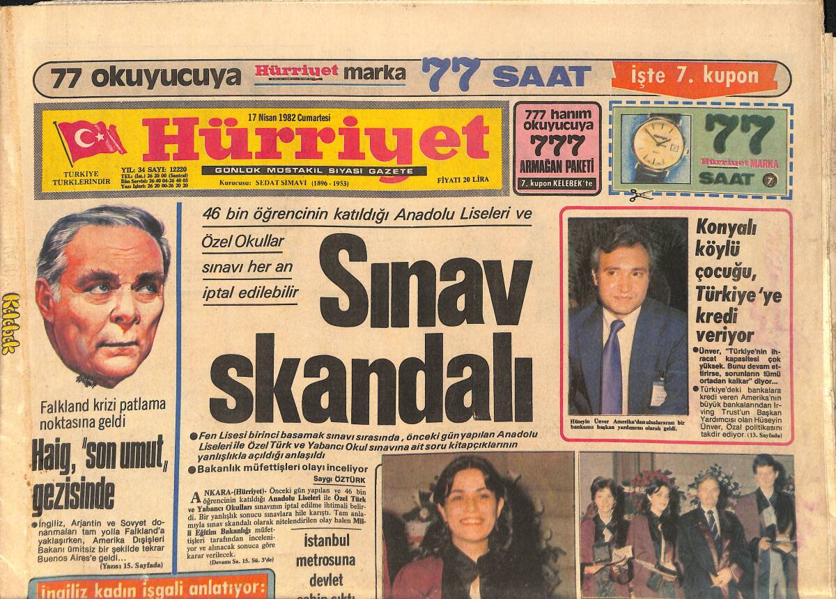Hürriyet Gazetesi 17 Nisan 1982 - Hababam Sınıfı Yine Sahneleri Şenlendiriyor - Konyalı Köylü Çocuğu Türkiye'ye Kredi Veriyor GZ2901 - 1