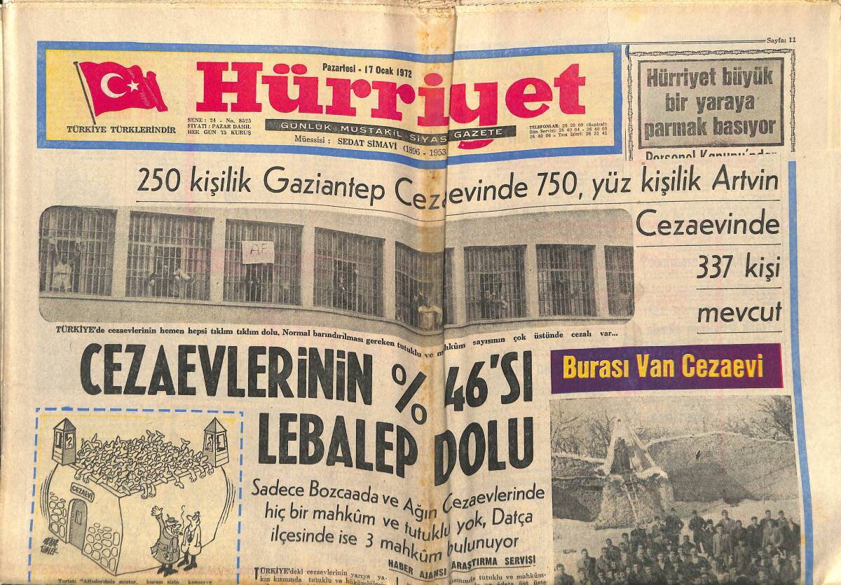 Hürriyet Gazetesi 17 Ocak 1972 - Cezaevlerinin Yüzde Kırk Altısı Lebalep Dolu - Paris'te Komünistler Erim'e Tertip Hazırlıyor - CHP Kongresinde Bıçak GZ140462 - 1