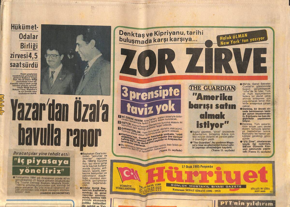 Hürriyet Gazetesi 17 Ocak 1985 - Mehmet Yazar'dan Özal'a Bavulla Rapor - İnönü: Özal'sız Hükümet Şart GZ146474 - 1
