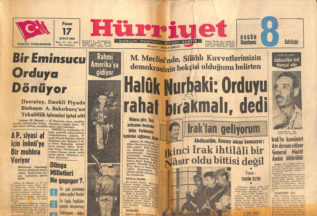 Hürriyet Gazetesi 17 Şubat 1963 - Bir Eminsucu Orduya Dönüyor - Amerika'lı Beki, Oruç Tutuyor, Namaz Kılıyor! GZ142586 - 1