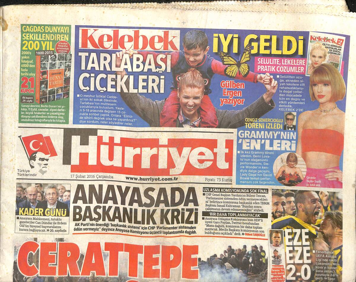 Hürriyet Gazetesi 17 Şubat 2016 - Anayasada Başkanlık Krizi - Baykal'a Teşekkür GZ159692 - 1