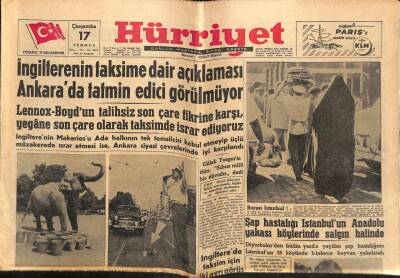 Hürriyet Gazetesi 17 Temmuz 1957 - İngilterenin Kıbrısı Taksimi Ankarada Tatmin Edici Gözükmüyor GZ56158 - 1