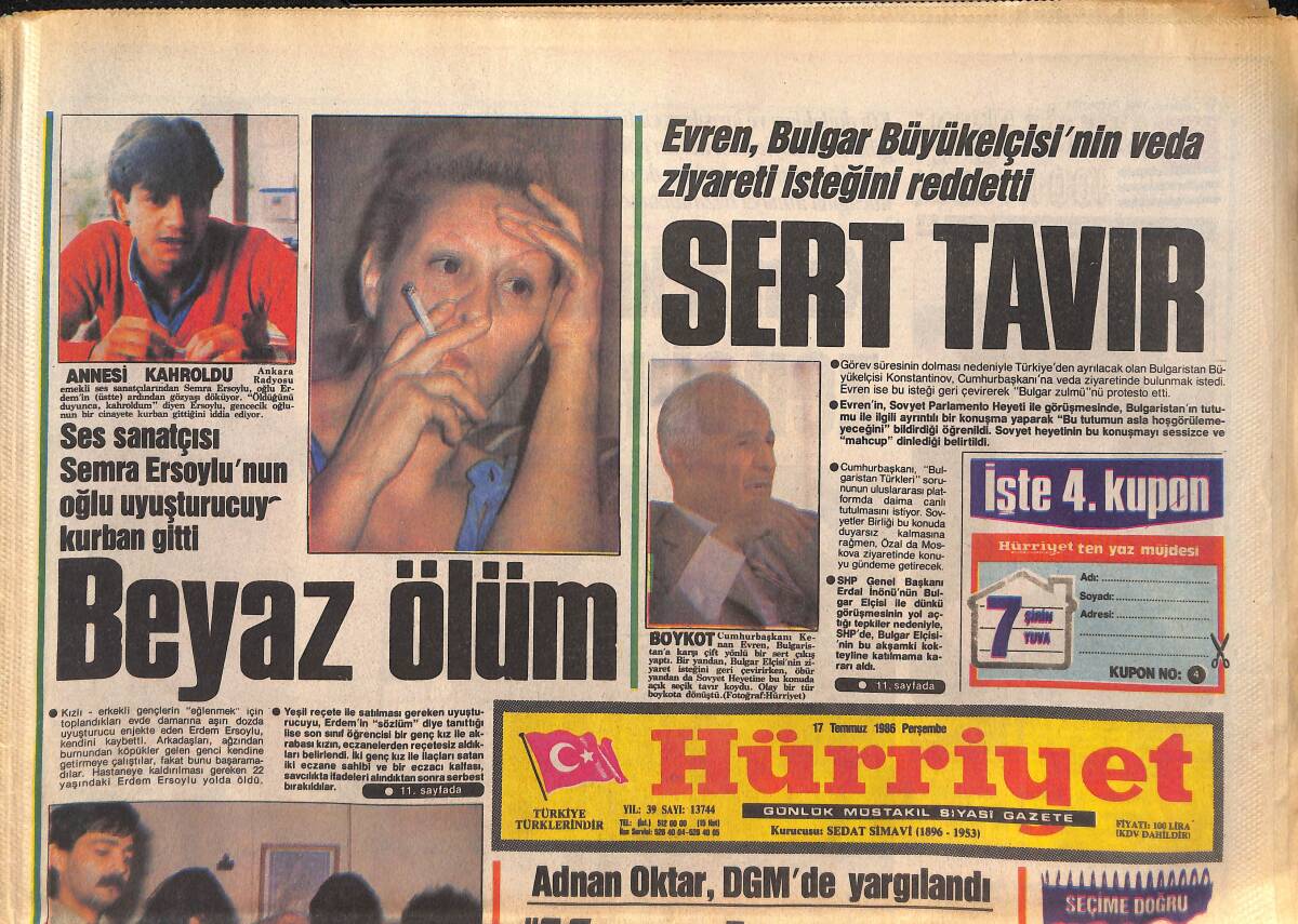 Hürriyet Gazetesi 17 Temmuz 1986 - Ses Sanatçısı Semra Ersoylu'nun Oğlu Kurban Gitti - Adnan Oktar , DGM'de Yargılandı GZ133042 - 1
