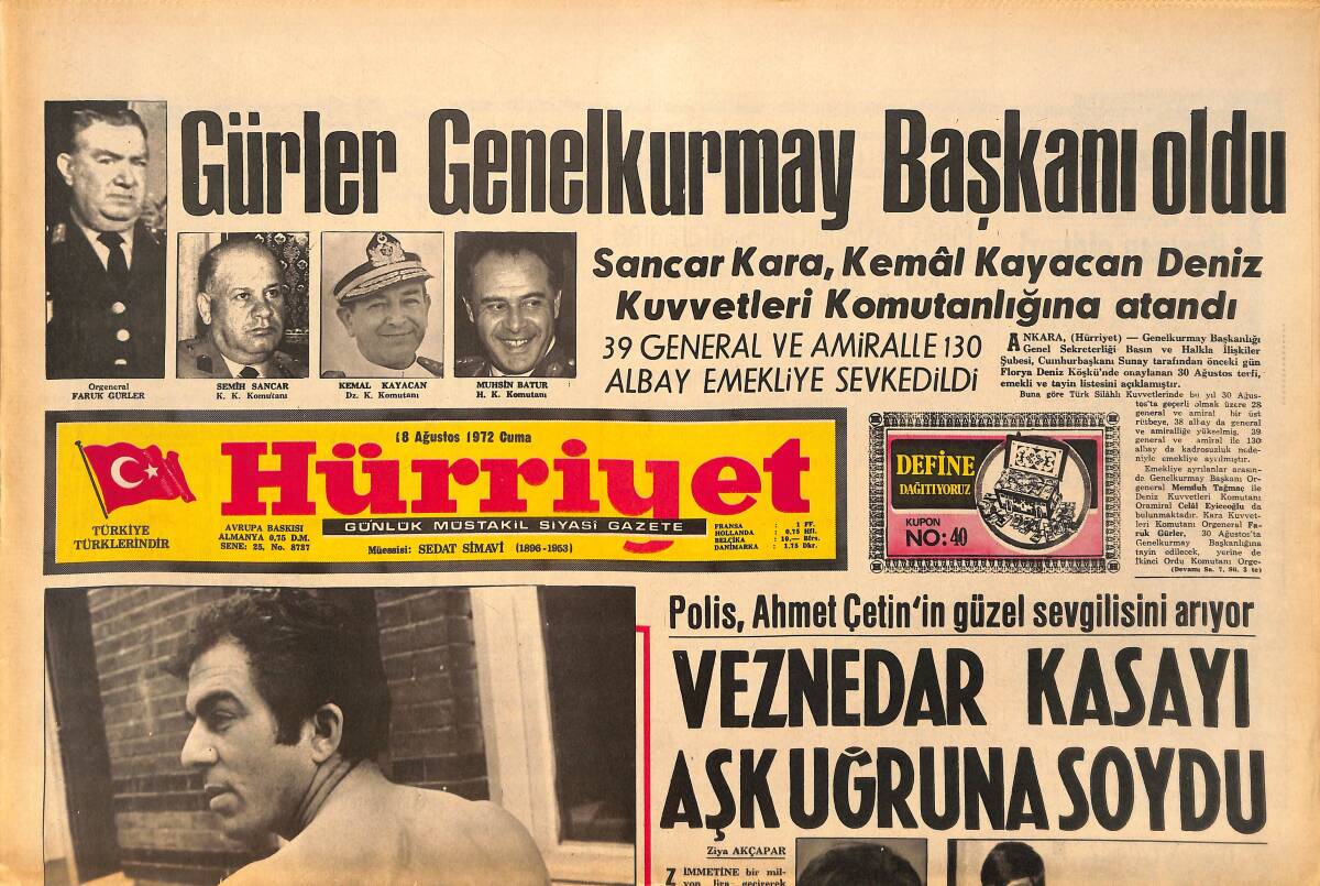 Hürriyet Gazetesi 18 Ağustos 1972 - Polis , Ahmet Çetin'in Güzel Sevgilisini Arıyor GZ157810 - 1