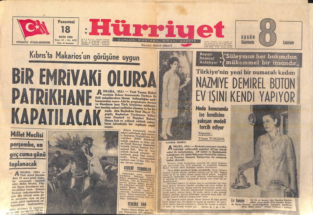 Hürriyet Gazetesi 18 Ekim 1965 - Nazmiye Demirel Bütün Ev İşini Kendi Yapıyor - Galatasaray Son Dakikada Kazandı GZ156983 - 1