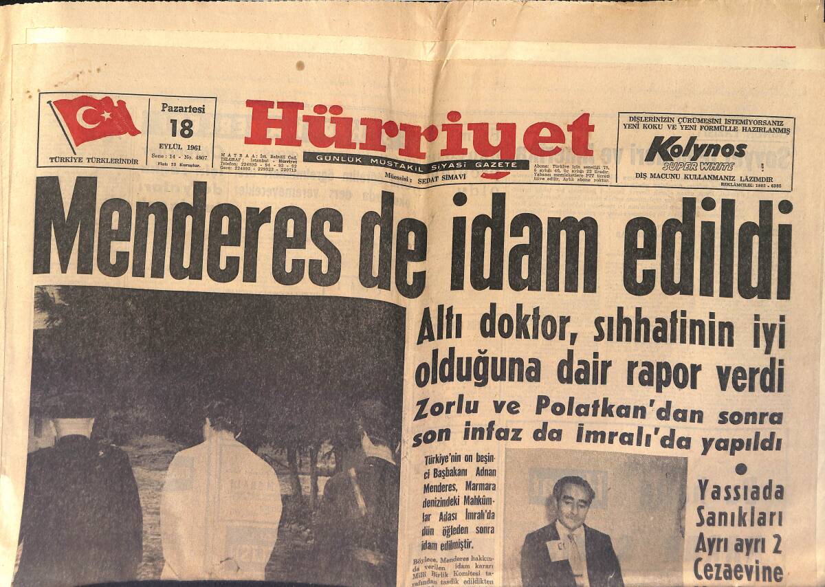 Hürriyet Gazetesi 18 Eylül 1961 - Menderes de İdam Edildi - Gümüşpala MBK Üyeleri İle Görüştü GZ153995 - 1