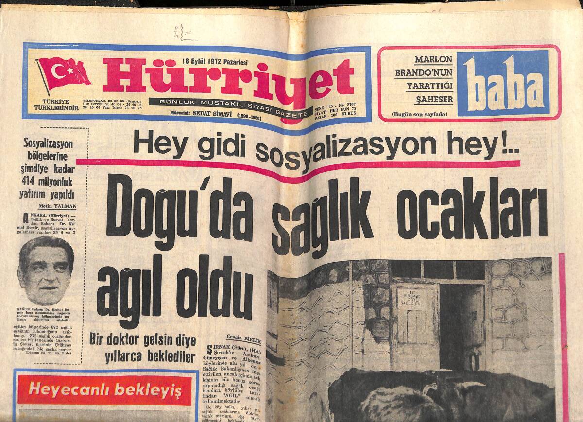 Hürriyet Gazetesi 18 Eylül 1972 - İnönü Kardeşinin Cenazesinde Dua Etti - Türkan Şoray İçin Hayati Karar Bugün Verilecek - Marlon Brando: Baba GZ143287 - 1