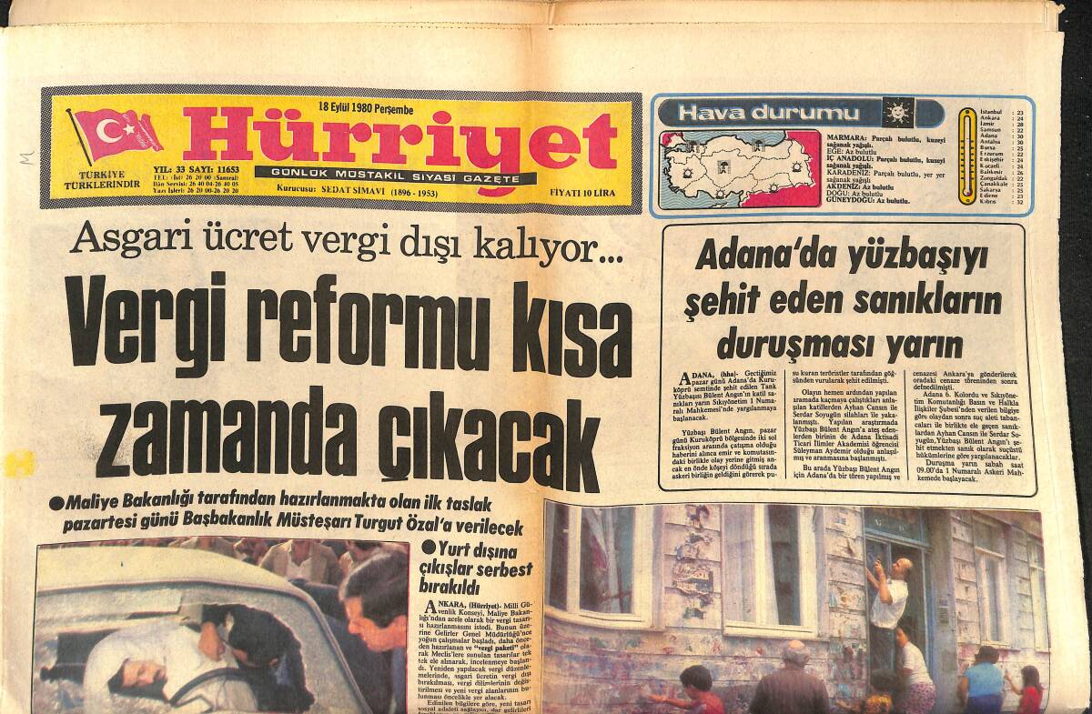 Hürriyet Gazetesi 18 Eylül 1980 - 88 Sendikanın Faaliyeti Durduruldu - Asgari Ücret Vergi Dışı Kalıyor... GZ146995 - 1