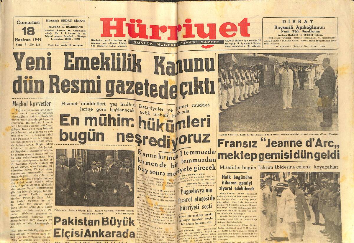 Hürriyet Gazetesi 18 Haziran 1949 - Yeni Emeklilik Kanunu Dün Resmi Gazetede Çıktı - Pakistan Büyük Elçisi Ankara'da GZ142389 - 1