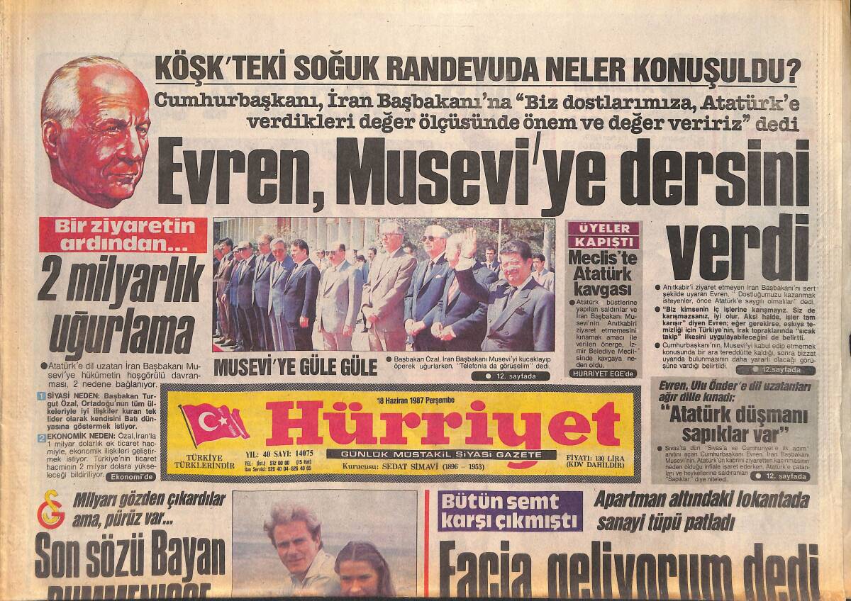 Hürriyet Gazetesi 18 Haziran 1987 - Evren , Musevi'ye Dersini Verdi - ANAP'ın Vitrini Değişiyor GZ132952 - 1