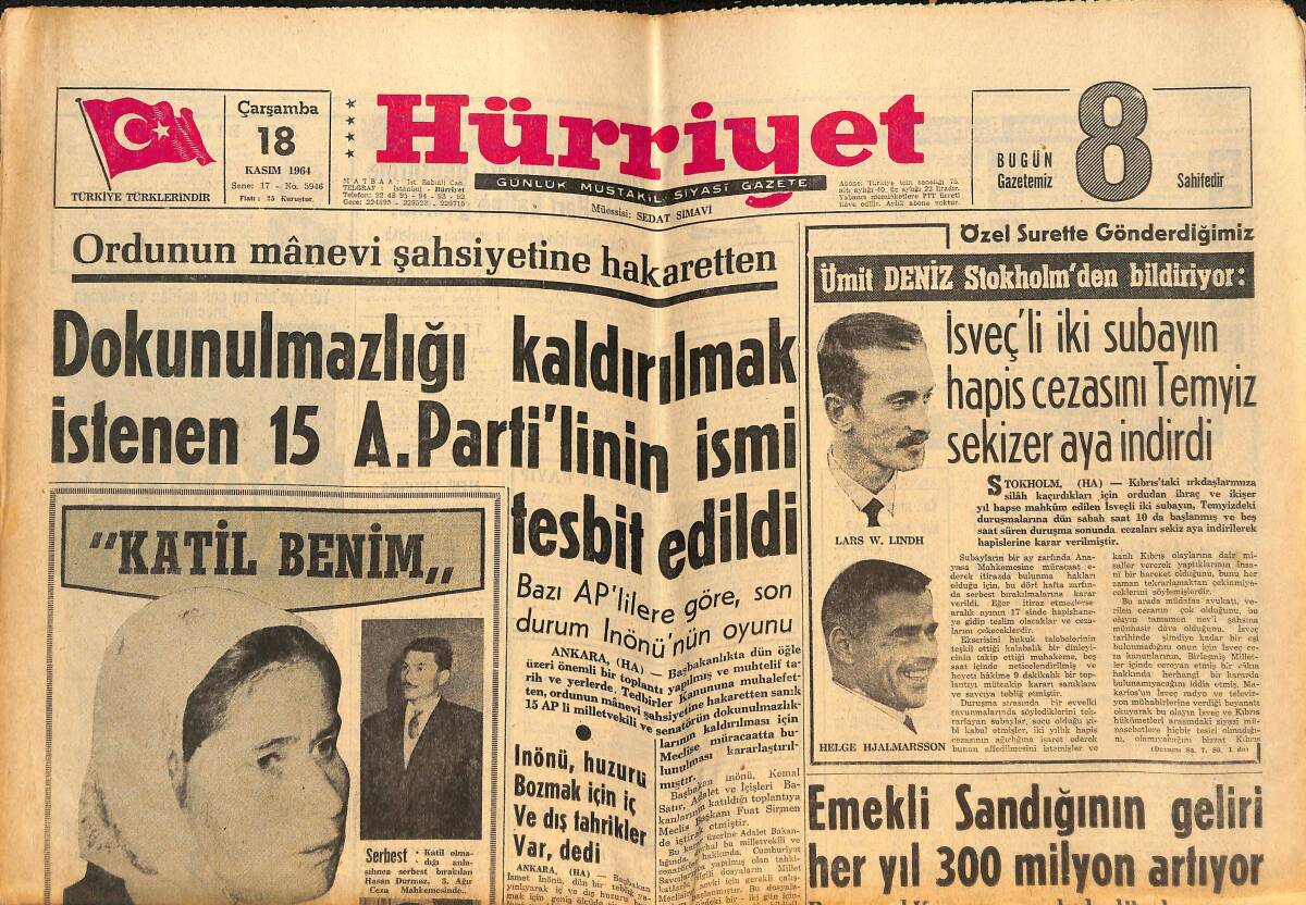 Hürriyet Gazetesi 18 Kasım 1964 - Sunay Ve Kuvvet Komutanları İstanbul'a Geldi - Eşek Arısından Yemek GZ146979 - 1