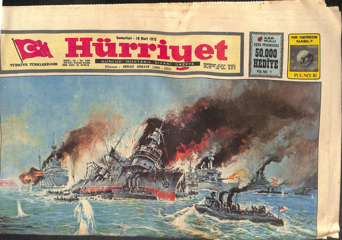 Hürriyet Gazetesi 18 Mart 1972 - Çanakkale Zaferini Kutluyoruz - Beşiktaş, Adana Yolcusu GZ134017 - 1