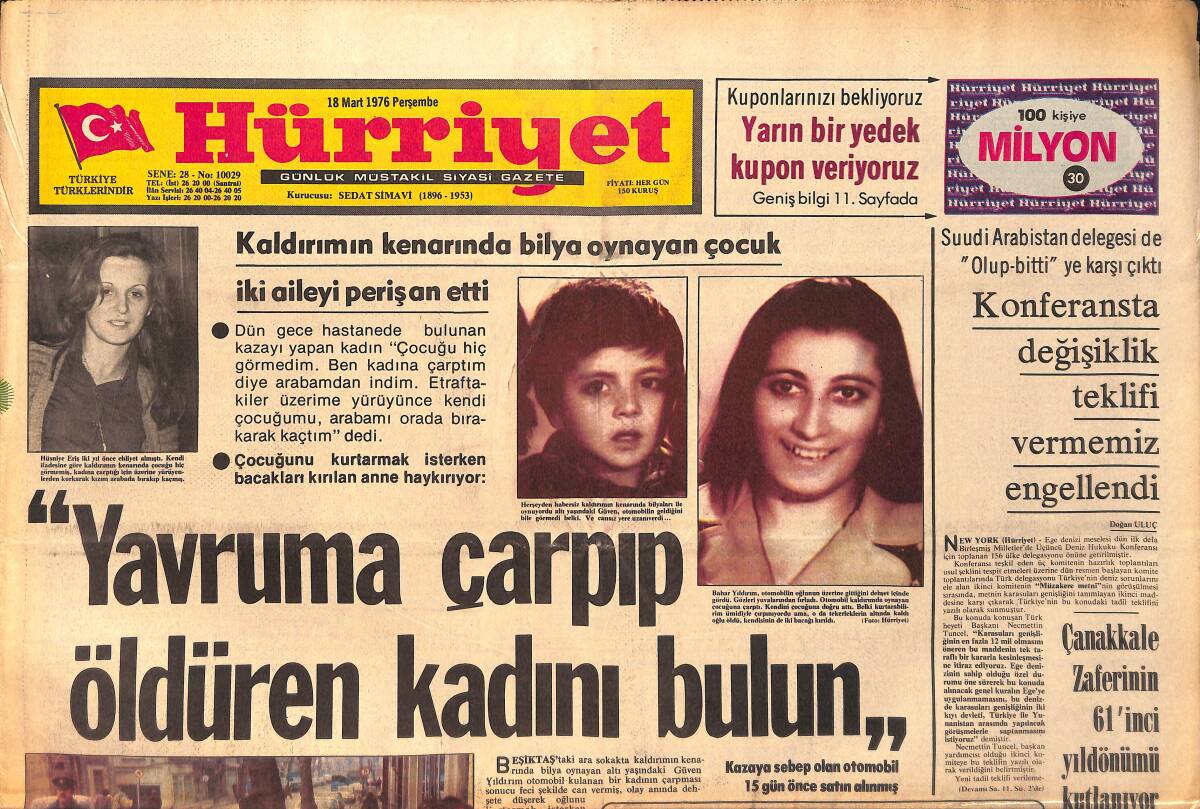 Hürriyet Gazetesi 18 Mart 1976 - Hüsniye Eriş Kaldırımdaki Çocuğa Çarpıp Kendi Çocuğunu ve Arabasını Bırakıp Kaçtı - Emel Sayın Burnunu Düzeltecek GZ158245 - 1