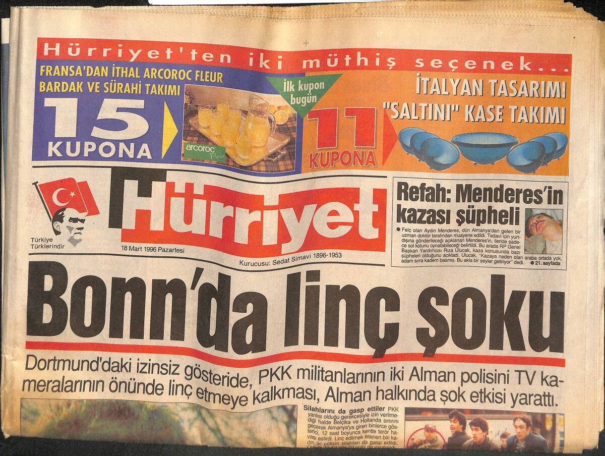 Hürriyet Gazetesi 18 Mart 1996 - Bonn'da Linç Şoku - Can Yücel'in Sağlık Durumu İyiye Gidiyor GZ133363 - 1