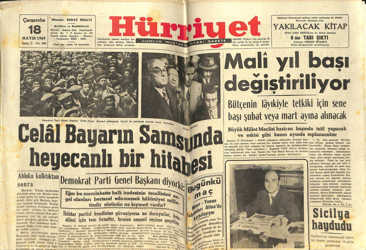 Hürriyet Gazetesi 18 Mayıs 1949 - Celal Bayar'ın Samsun'da Heyecanlı Bir Hitabesi - Almanya'nın İstikbali GZ141529 - 1