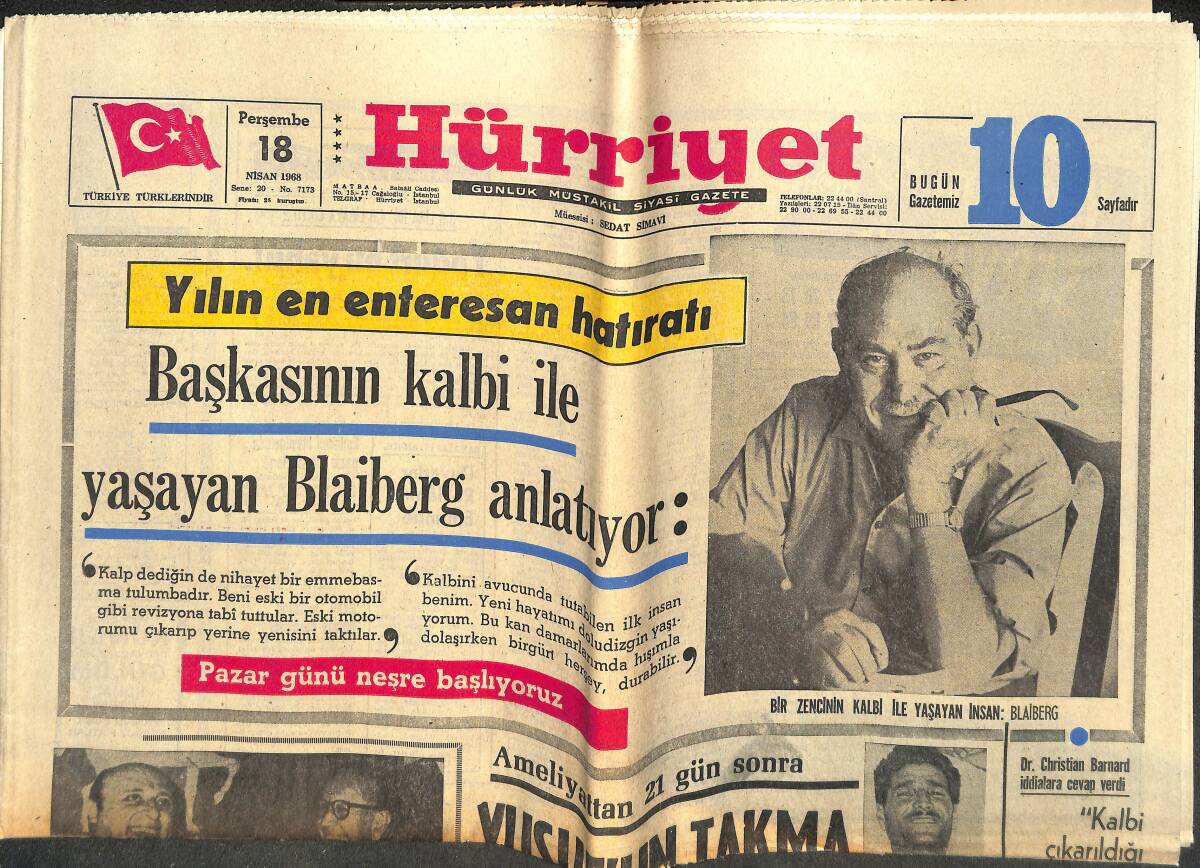 Hürriyet Gazetesi 18 Nisan 1968- Başkasının Kalbi İle Yaşayan Blaiberg Anlatıyor GZ143425 - 1