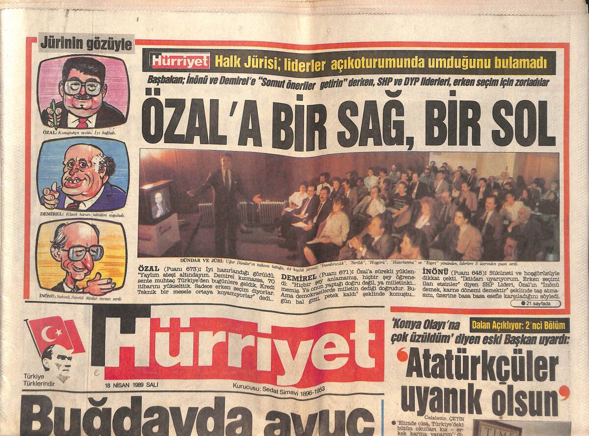 Hürriyet Gazetesi 18 Nisan 1989 - Turgut Özal'a Bir Sağ, Bir Sol - Papandreu'ya Bavullarla Dolar! GZ144109 - 1
