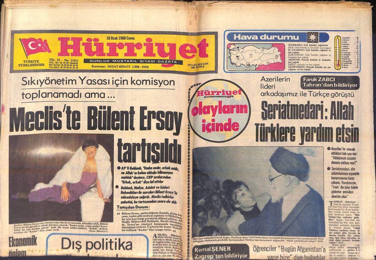 Hürriyet Gazetesi 18 Ocak 1980 - Meclis'te Bülent Ersoy Tartışıldı - Fatma Girik: Bu Akşamki Filmi Hatır İçin Çevirmiştim GZ155995 - 1