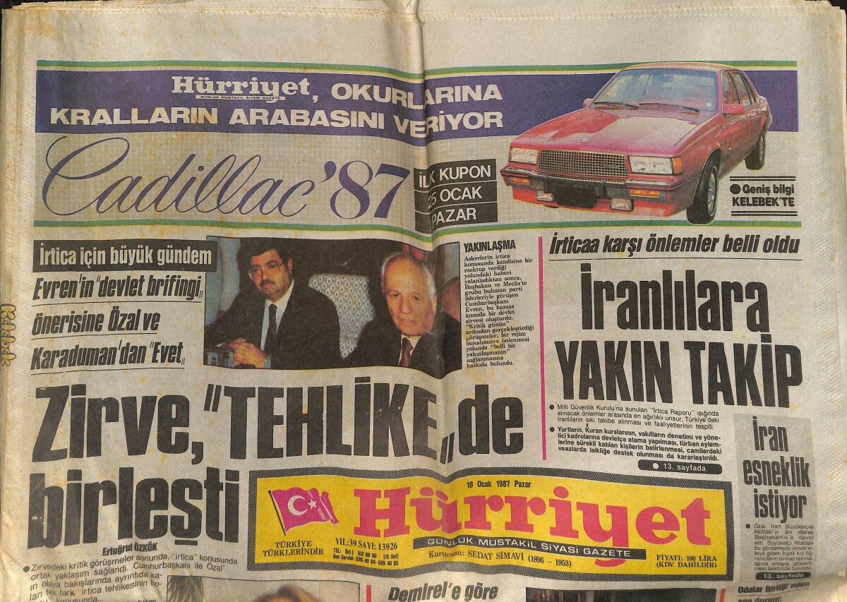 Hürriyet Gazetesi 18 Ocak 1987 - Humeyni'nin Cellatları İş Başında - Sultan Vahdettin'in Torunu Hanzade Hanım: Hatim İndirdim Türbana Karşıyım GZ152375 - 1