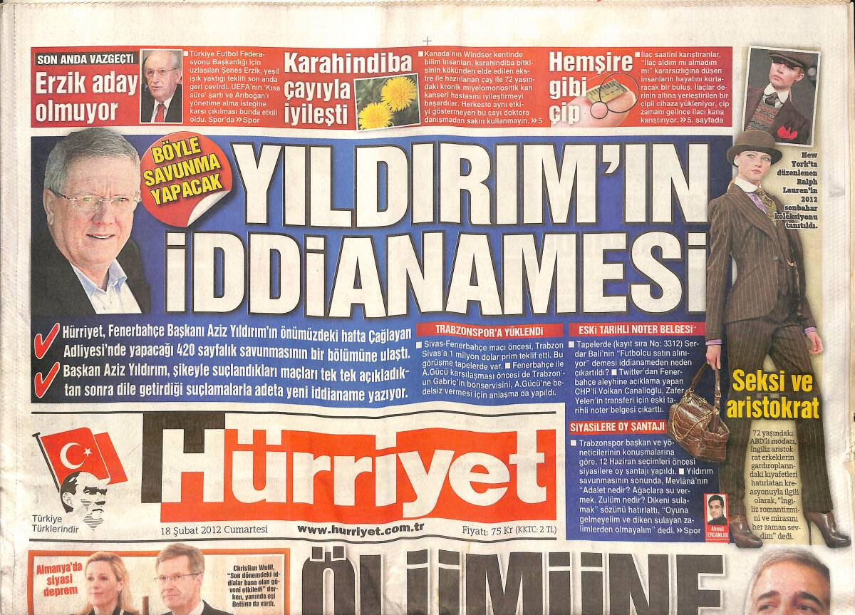 Hürriyet Gazetesi 18 Şubat 2012 - Aziz Yıldırım'ın İddianamesi - Ferdi Tayfur'dan Kıvanç'a Teklif GZ160137 - 1