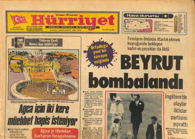 Hürriyet Gazetesi 18 Temmuz 1981 - Beyrut Bombalandı - Ağca İçin İki Kere Müebbet Hapis İsteniyor GZ127881 - 1