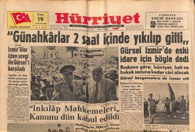Hürriyet Gazetesi 19 Ağustos 1960 - İnkılap Mahkemeleri Kanunu Dün Kabul Edildi GZ72656 - 1