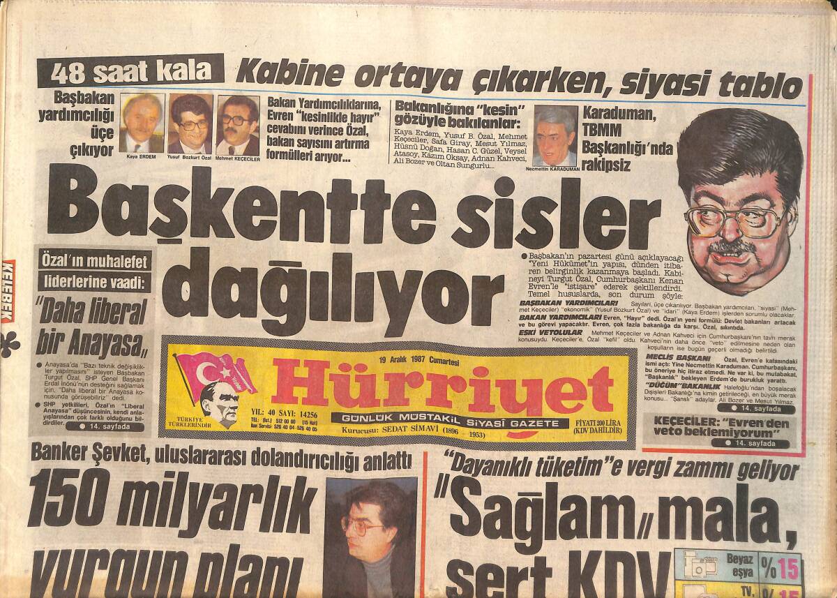 Hürriyet Gazetesi 19 Aralık 1987 - Butto'nun Kızı Evlendi - Doğramacı'nın Yetkileri Doğranıyor GZ150488 - 1